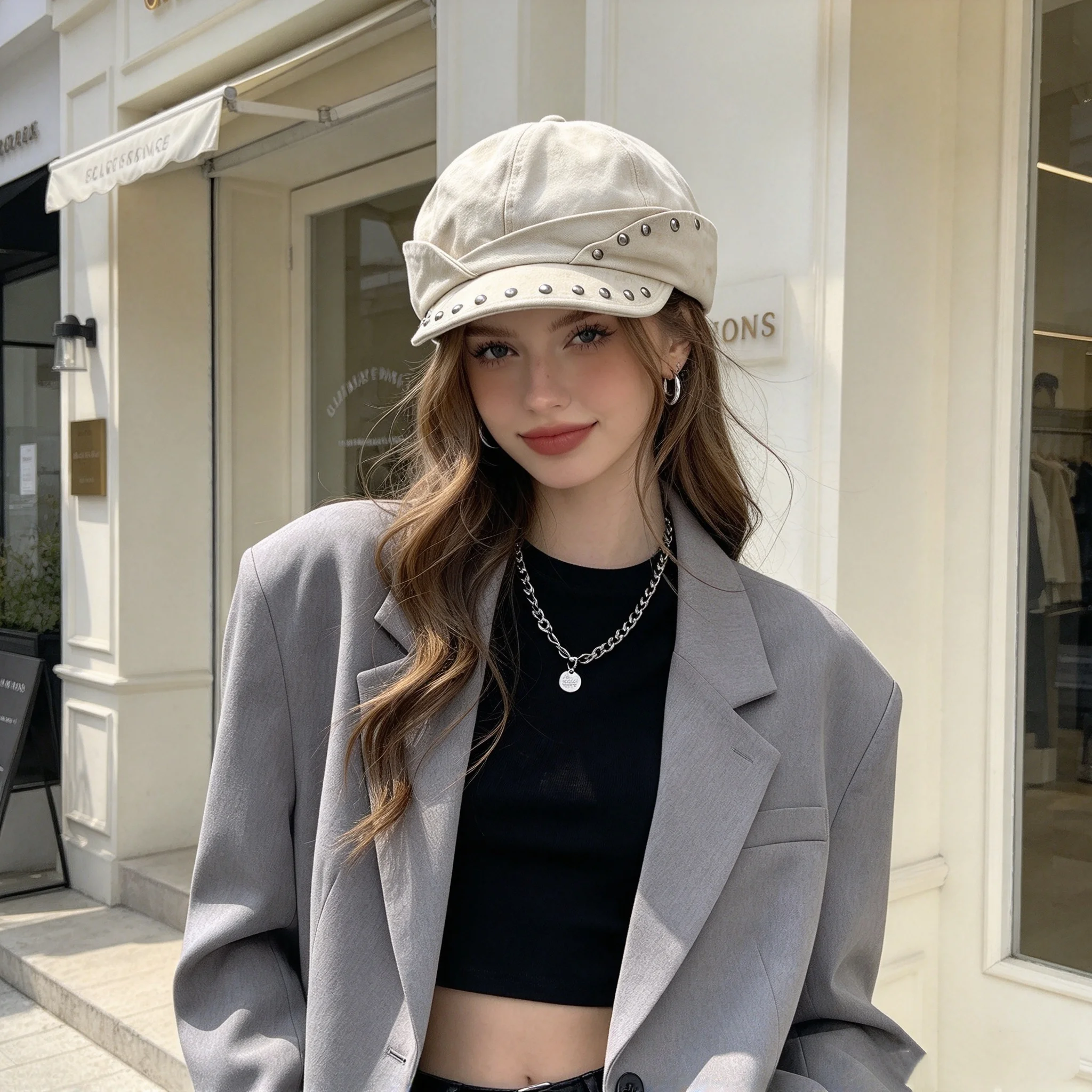 Yamamoto-Style Japanese Spring and Autumn Rivet Vintage Distressed Octagonal Hat with Irregular Design, Versatile Retro Beret That Makes the Face Look Smaller, Perfect for Outdoor Photos