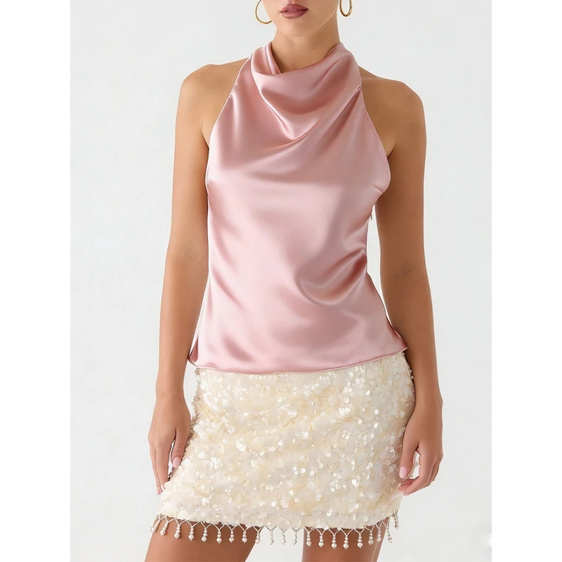 Women's Wide Straps Tied Halter Cowl Neck Vest Summer Sleeveless Solid Color Y2k Open Back Slim Satin Silky Tank Tops