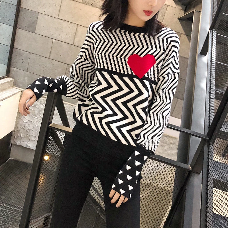 Fall Winter Women Christmas Sweaters Geometric Hearts Pattern Long Sleeve Knitwear Tops Lovely Pullovers Knitted Sweater Tops