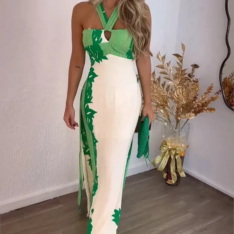 

Sexy Halter Neck Slim Long Dress Fashion Vacation Bohemian Sleeveless Spaghetti Strap Printed Beach Vestidos 2025 Summer Dresses