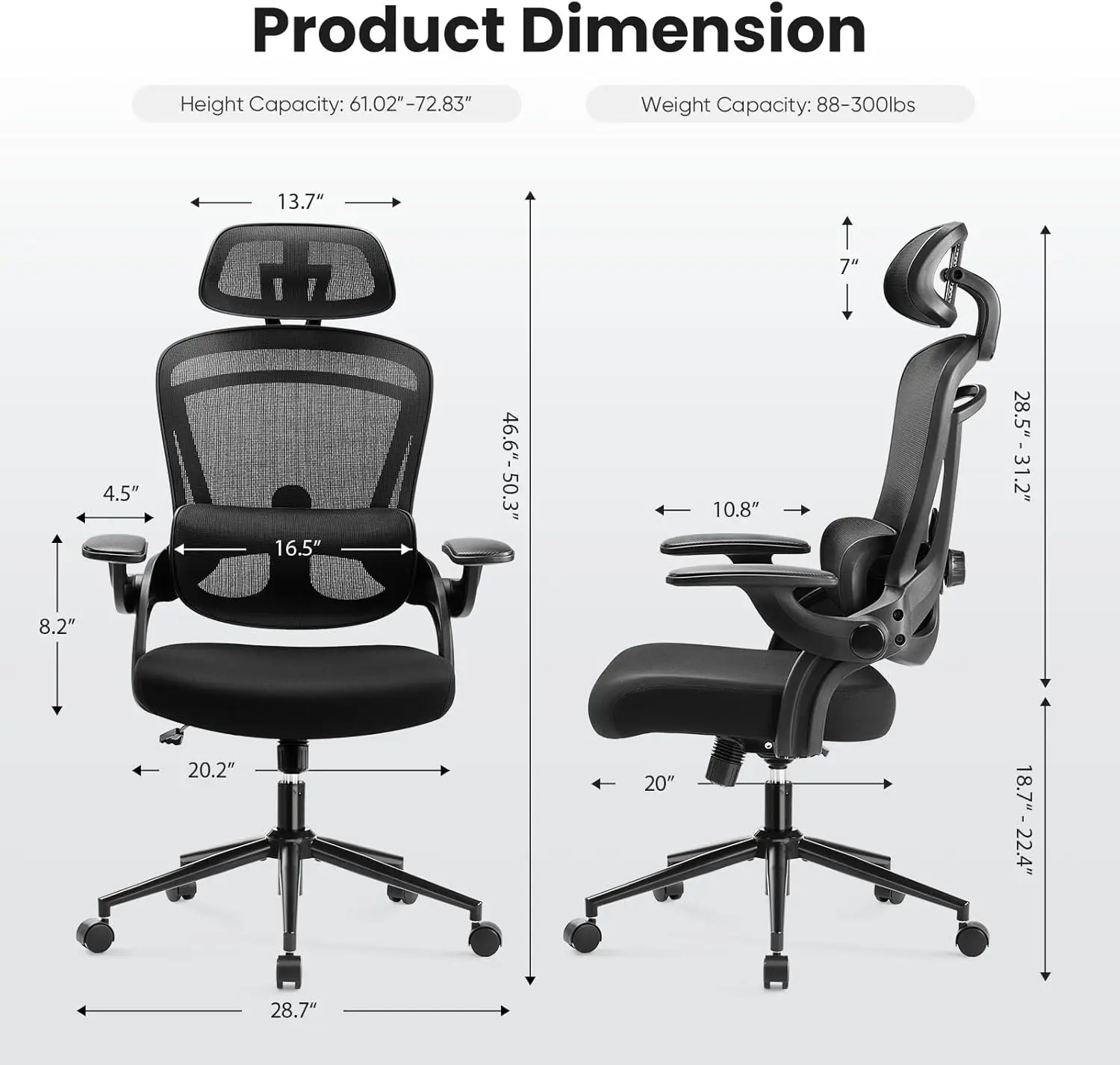 High Back Desk Chair with 2D Headrest,Up&Down Lumbar Support,Swivel Computer Task Mesh Chair w/Adjustable Flip-up Armrests,Black