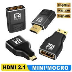 HDMI-Compatible Adapter Mini/Micro HDMI To HDMI  8K 60Hz 4K 120Hz/144Hz Male To Female Converter For HDTV Laptop PS4/3 TV box