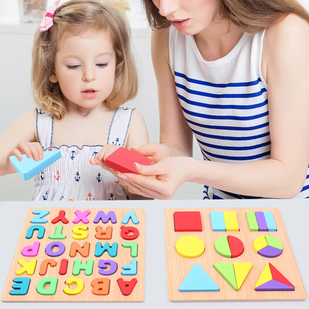 2er-Set, 2 Sets, Holz-Alphabet-Zahlen, pädagogische Form, passende Blöcke, Spiel für Kleinkinder, leuchtende Farben