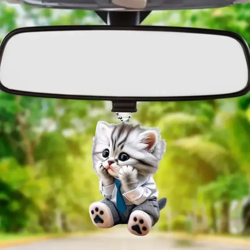 2D Car Pendant Hanging Ornament with Chain Realistic Animal Cat-Shaped Rearview Mirror Hanging Decor Car Interior Accessories image 2