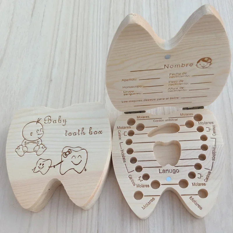 Wooden Baby Tooth Box English/ Spanish Deciduous Teeth Storage Case Baby Teeth Collect Souvenirs Gift Keepsakes for Boys Girls