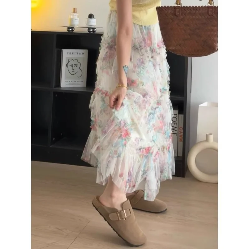 Elegant Floral Embellished Half Skirt Women's Summer New Design Sensation Tulle Cake Skirt Beautiful Long Trendy Skirts