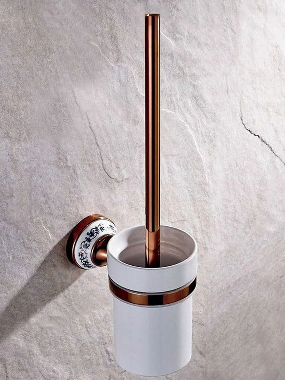 Ensemble de brosse de toilette murale et support, or rose, cuivre, laiton, brosse blanche, tasse en céramique, accessoire HOAccessory, aba387