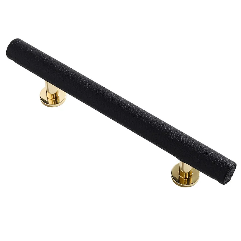 Natural Leather T Bar Wardrobe Pulls Zinc Alloy Handles for Cabinets and Drawers White/Black Cowhide Kitchen Cupboard Door Knobs