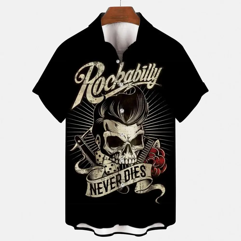 Shirts For Men 3D Vintage Horror Skull Rocker Printing Gothic Rockabilly Hawaiian Harajuku Shirt Short Sleeve Clothing Tops