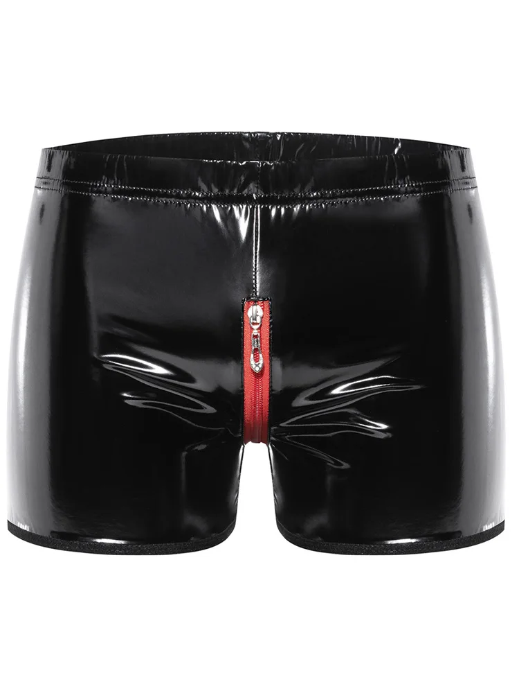 S-5XL Wet Look PVC Boxer Shorts Shiny Faux PU Leather Boxershorts Zipper Open Crotch Trunks Men Bokserki Calzoncillo Briefs Ropa