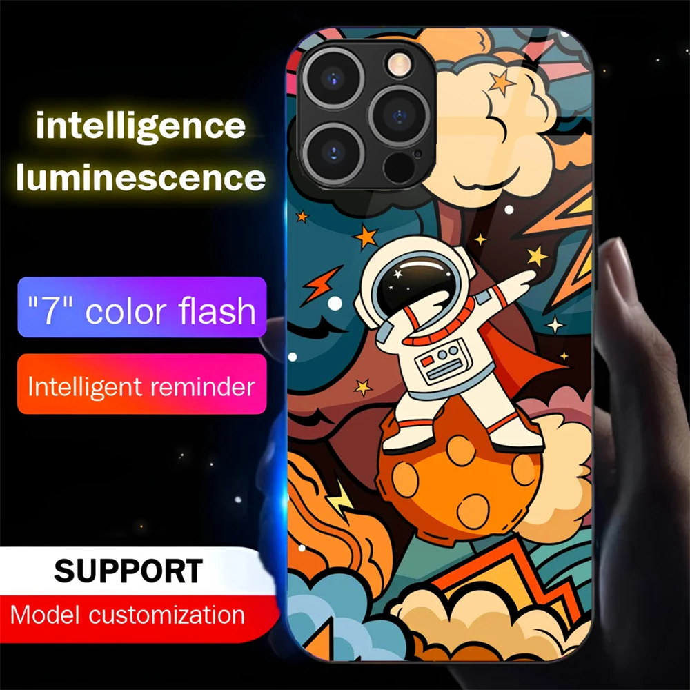 

Fashion Gifts Spaceman Luminous Glass LED Call Light Up Flash Phone Case For iPhone Air 17 E 16 E 15 14 13 12 11 Pro Max Plus
