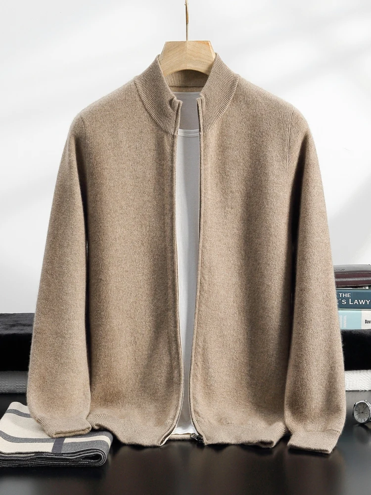 High Quality Men Fall Winter Thick Cashmere Cardigan Mock Neck Zipper Sweater 100% Cashmere Knitwear Smart Casual Warm Clothing