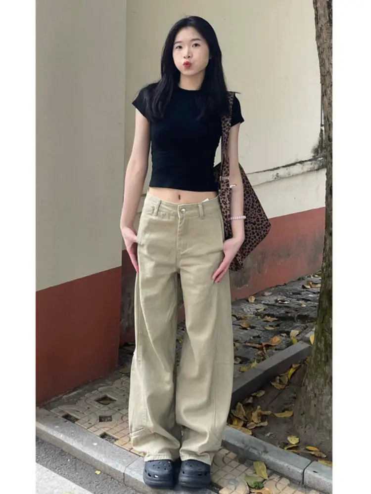 

Khaki Wide Leg Straight Cut Jeans Women's Loose Slimming Drapey Small Size Casual Floor-Length Pants Design Sense Splicing