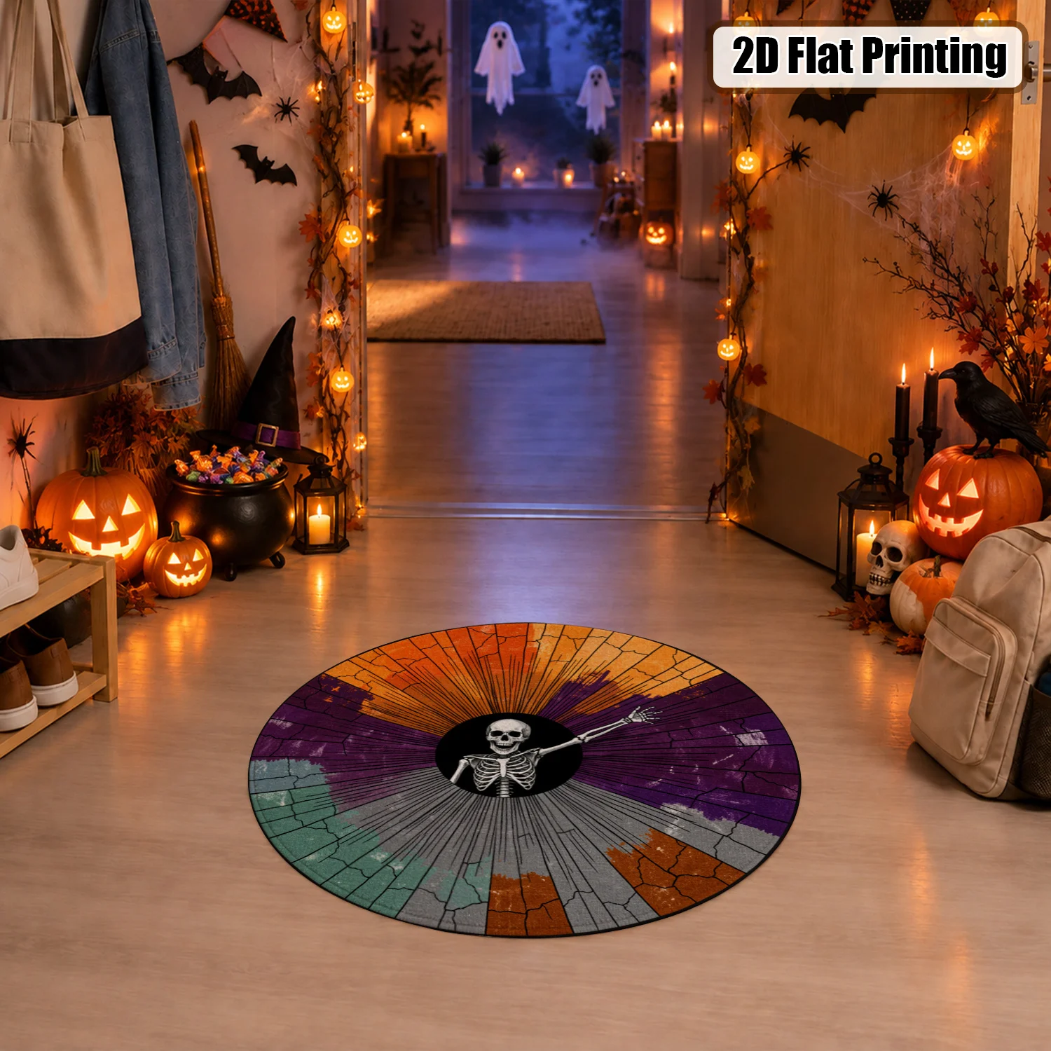 Skeleton Burst Design Round Velvet Rug Machine Washable for Living Room Bedroom Entryway Dining Room Office Halloween Thanksgiving Black Friday Christmas New Year