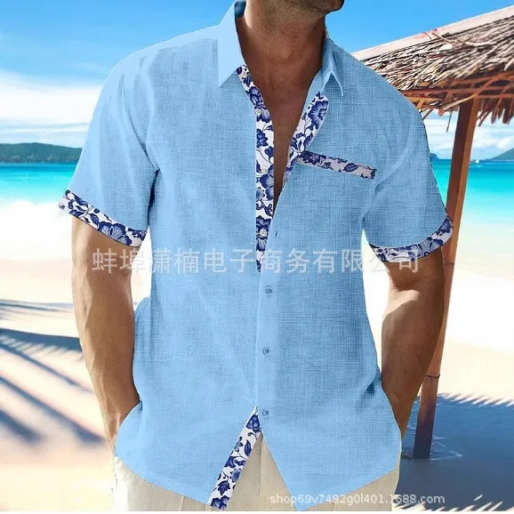 Men's Shirt Linen Short Sleeve Floral Print Shirts Beach Style Slim Fit Button Down Shirt Blue White Pattern Pink Casual Shirt