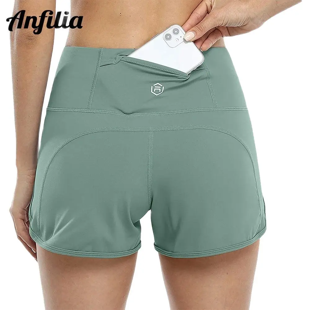 Anfilia feminino yoga shorts correndo jogging sólido ginásio wear meados da cintura macia com bolsos traseiros calções esportivos