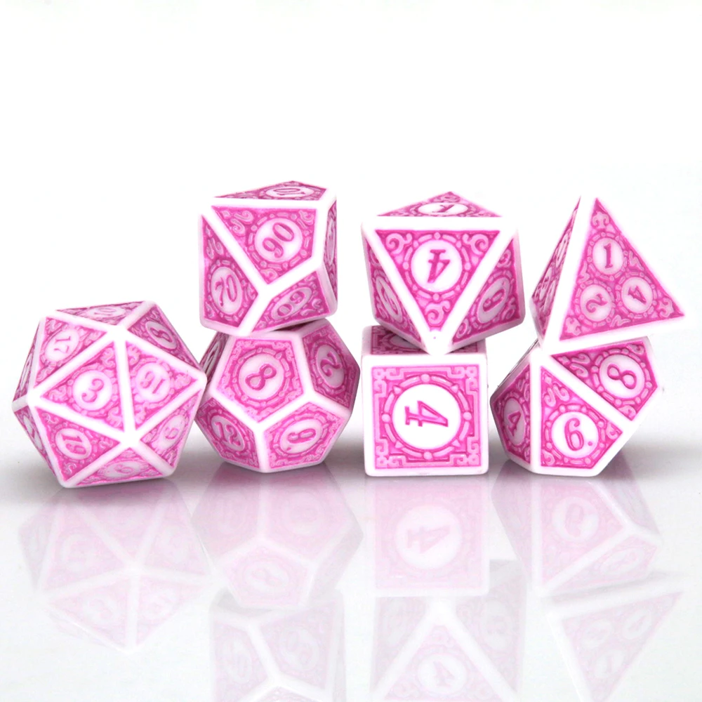 7Pcs White Pink Acrylic Polyhedral Dice Set Retro Pattern DND RPG Dice For Tabletop Role Playing Board Game Accessories view 3