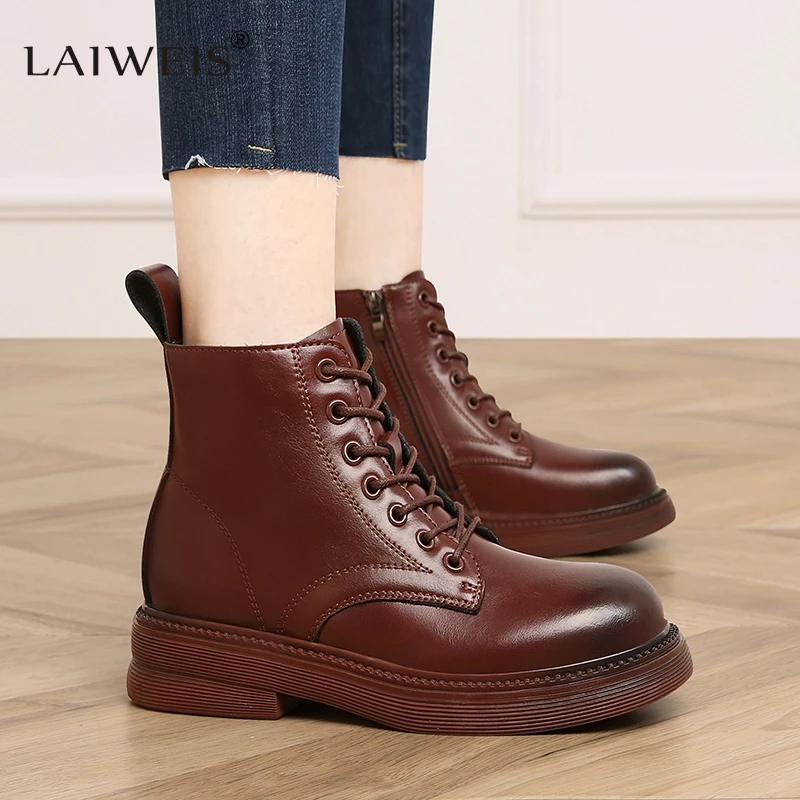 

Women Shoes Boots Ankle 2024 Autumn British Wind Genuine Leather Thick bottom Ladies Short Boots Motorcycle Outudoor Bare boots