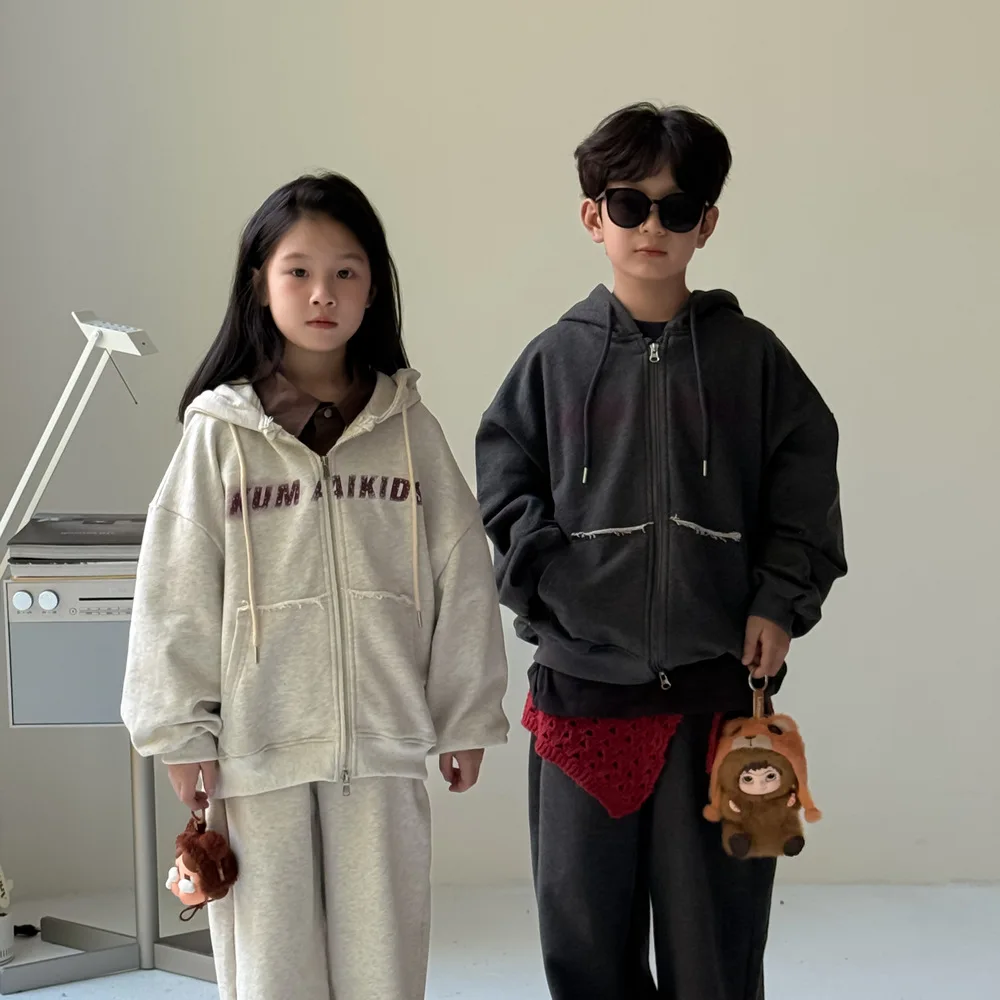 

Autumn 2025 Boys Girls Alphabet Hooded Sweatshirt Set Kids Raw Edge Zipper Two-Piece Set