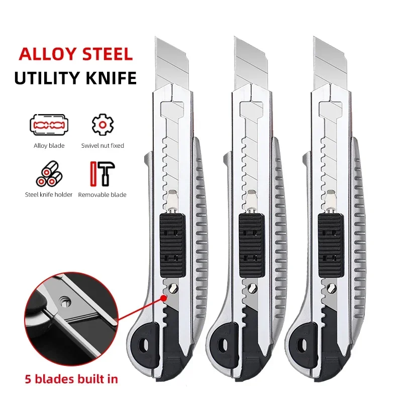 Multifunction Utility Knife Retractable heavy-duty steel with 5 blades built-in paper cutter electrician's professional knife