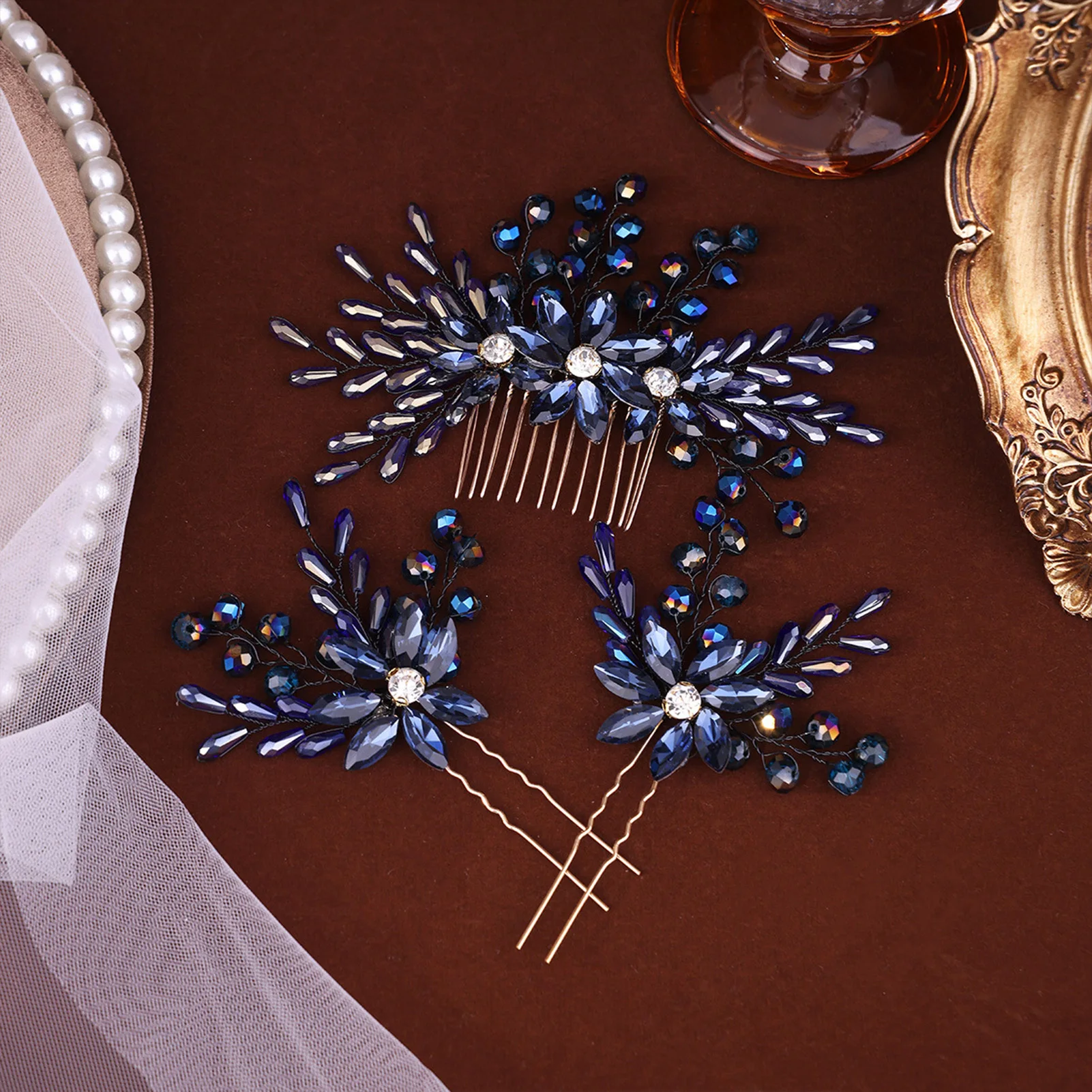 دبوس شعر على شكل حرف U مع مشط شعر ضيف الزفاف إكسسوارات الشعر الأزرق حجر الراين الخرز مشبك شعر أزياء الزفاف التيجان أغطية الرأس #1