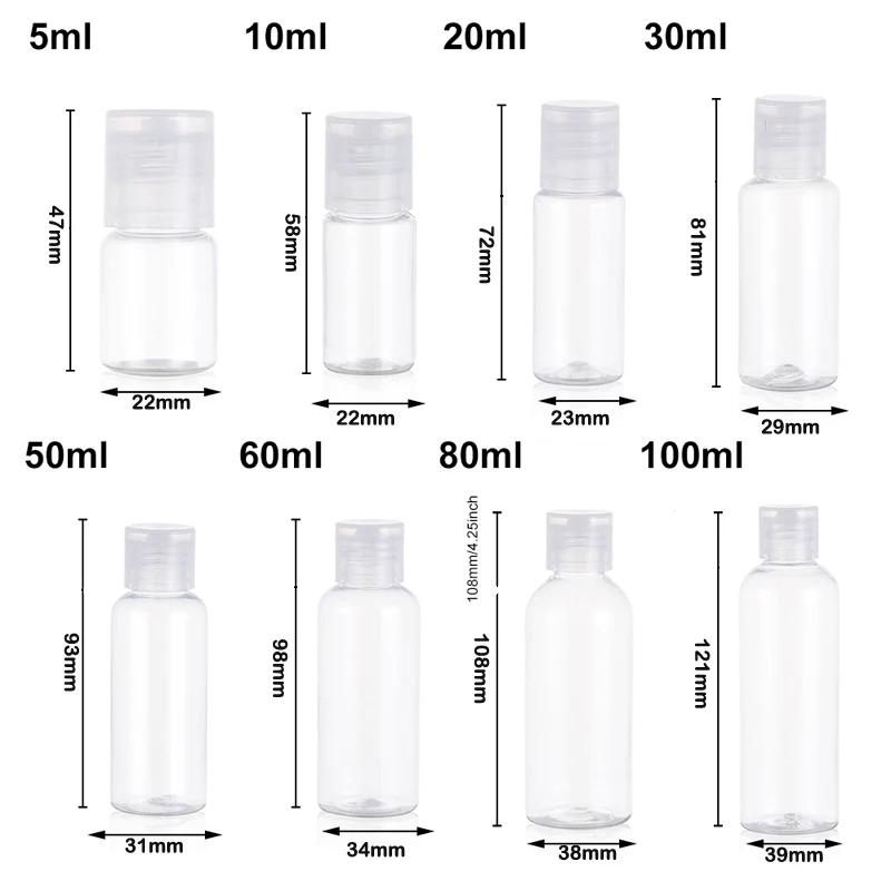 50 Uds. Botellas pequeñas vacías de plástico PET de 5-100ml con tapas abatibles blancas transparentes para viaje, champú, acondicionador, loción, contenedor