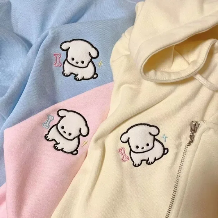 Hoodies japoneses com zíper kawaii para mulheres, doce menina, gráficos de estrelas, bordado, moletons com capuz, kpop, fofo, blusa casual, feminino