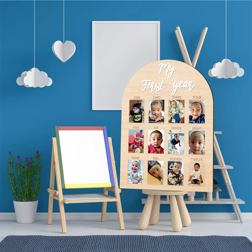 One Year Wooden Photo Board My First Year Milestone Photo Board 12 Monthly Picture Frame Baby First year Wood Acrylic Sign