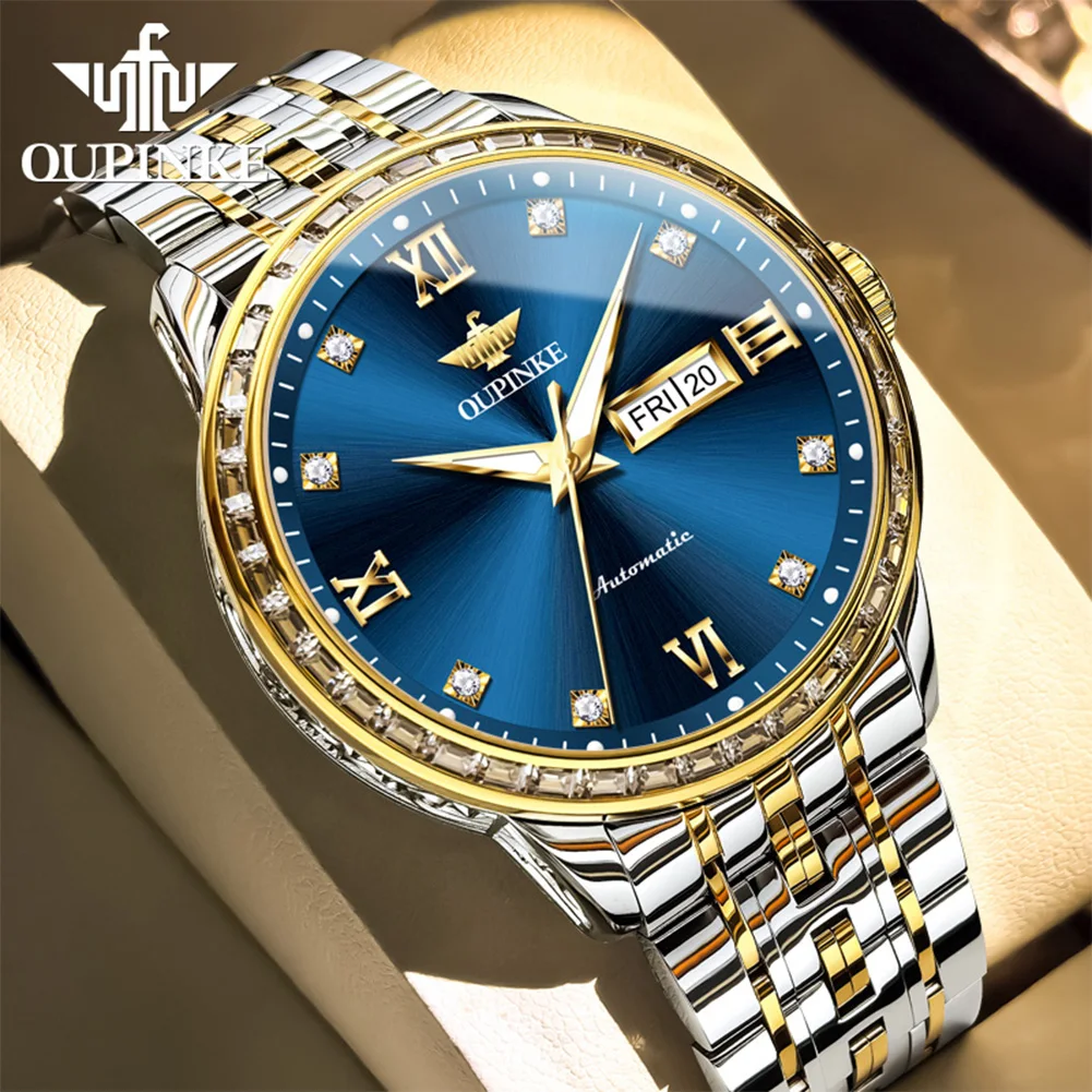 OUPINKE Orologi da uomo 3258 Luxury Fashion Diamond Bezel Orologio meccanico automatico originale per uomo Impermeabile Data luminosa Nuovo