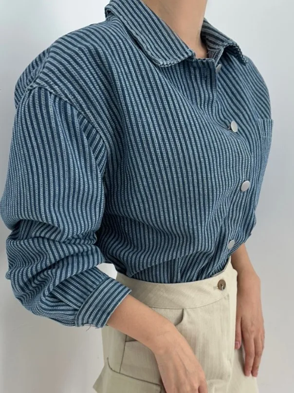 

Autumn New Sle Single Button Long Sve Striped Denim irt Women's Loose Fit Retro Boyfriend ort Outerwear