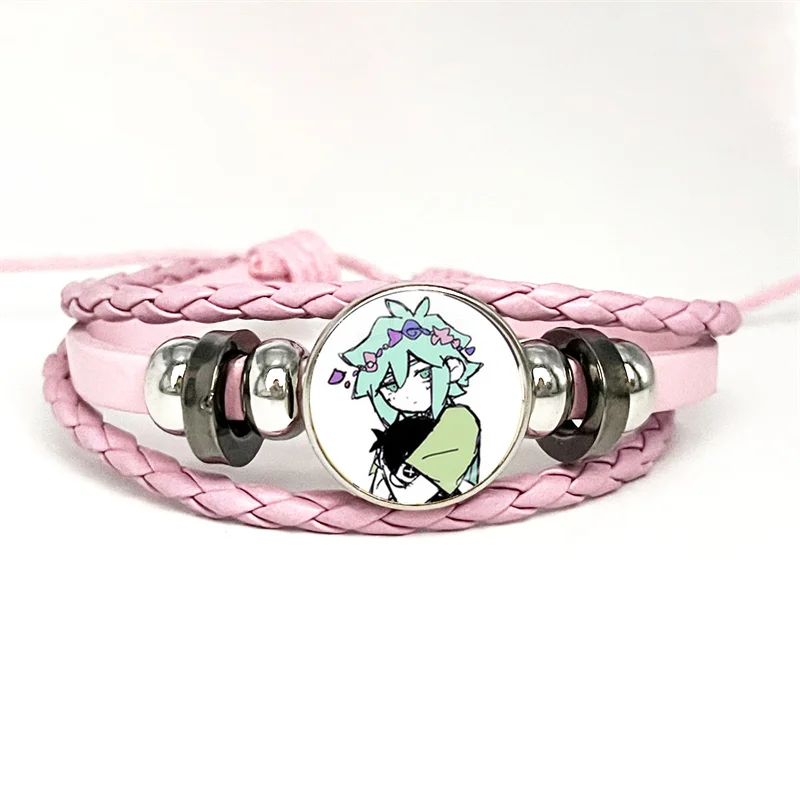 Omori Sunny And Mewo Pink Leather Bracelet Glass Cabochon Button Multilayer Bangles Wristband Gift