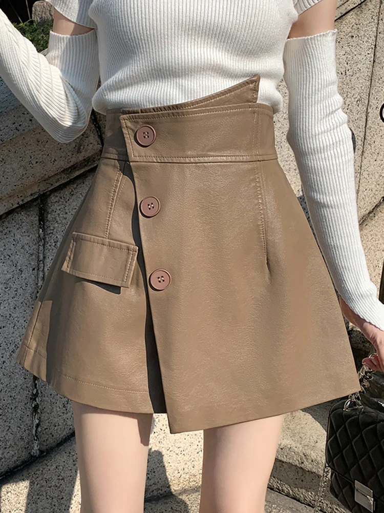 

Autumn Winter PU Leather Shorts Skirts Women Fashion Button Splice High Waist Loose Streetwear Sexy Wide Leg Short Pants