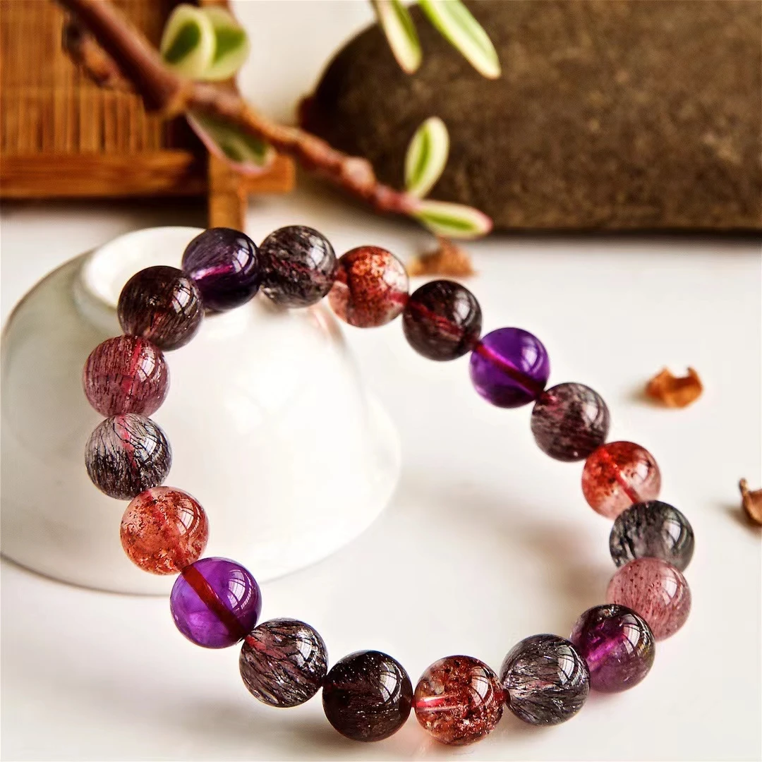 

Top Natural Purple Super 7 Seven Lepidocrocite Quartz Bracelet Jewelry 10.2mm Woman Men Clear Round Beads AAAAAAA