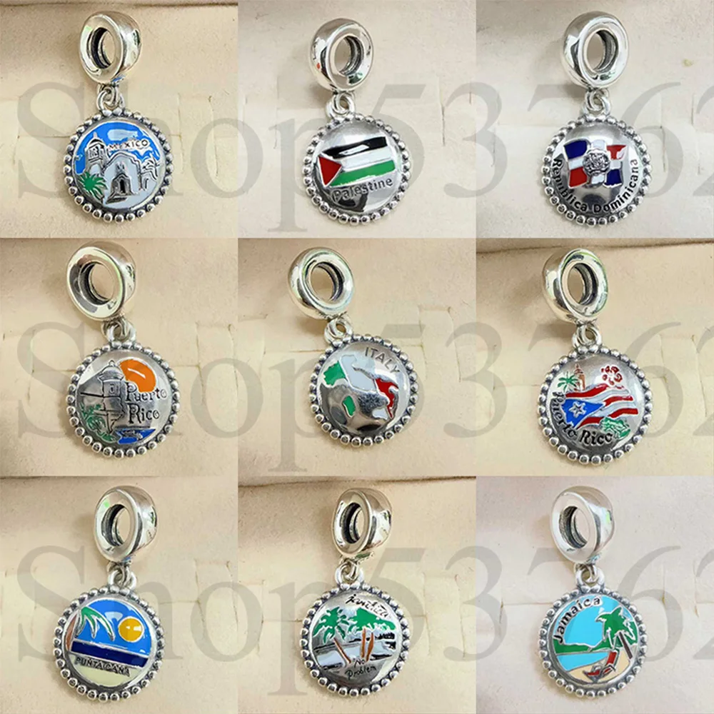 Abalorio Colgante de Plata de Ley 925 con Diseños de México, Italia, Nueva York, Texas, Palestina para Pulseras y Brazaletes de Moda para Mujer, Regalo, Joyería DIY