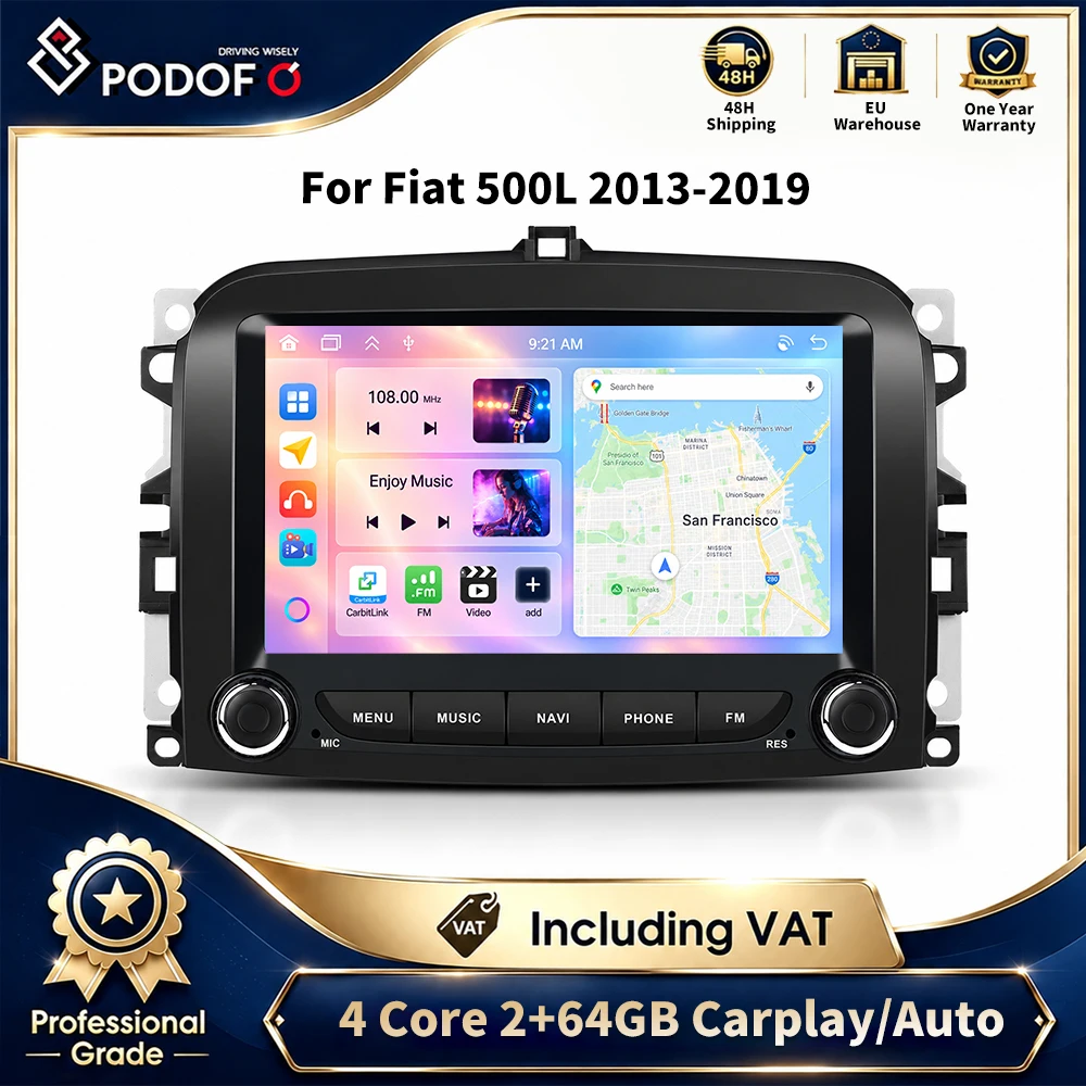 Autoradio Android Podofo 2 DIN con schermo touchscreen da 7'', 2GB+64GB, GPS, WiFi, Bluetooth, lettore FM, CarPlay wireless per Fiat 500L 2013-2019