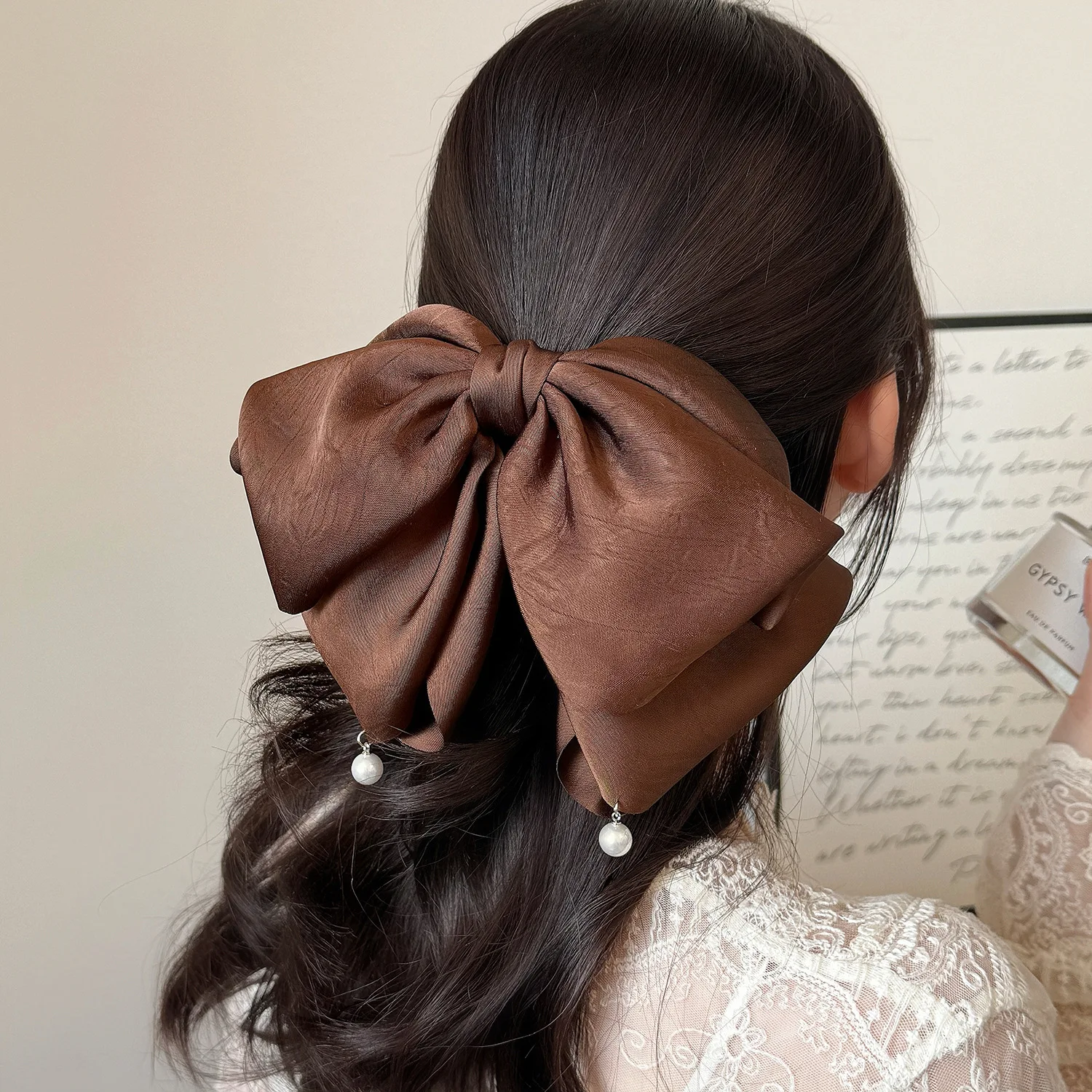 1pc Large Multi Layer Satin Bow Ponytail Clip Pearl Elegant French Luxury Hair Claw for Women Back of Head Bun Holder