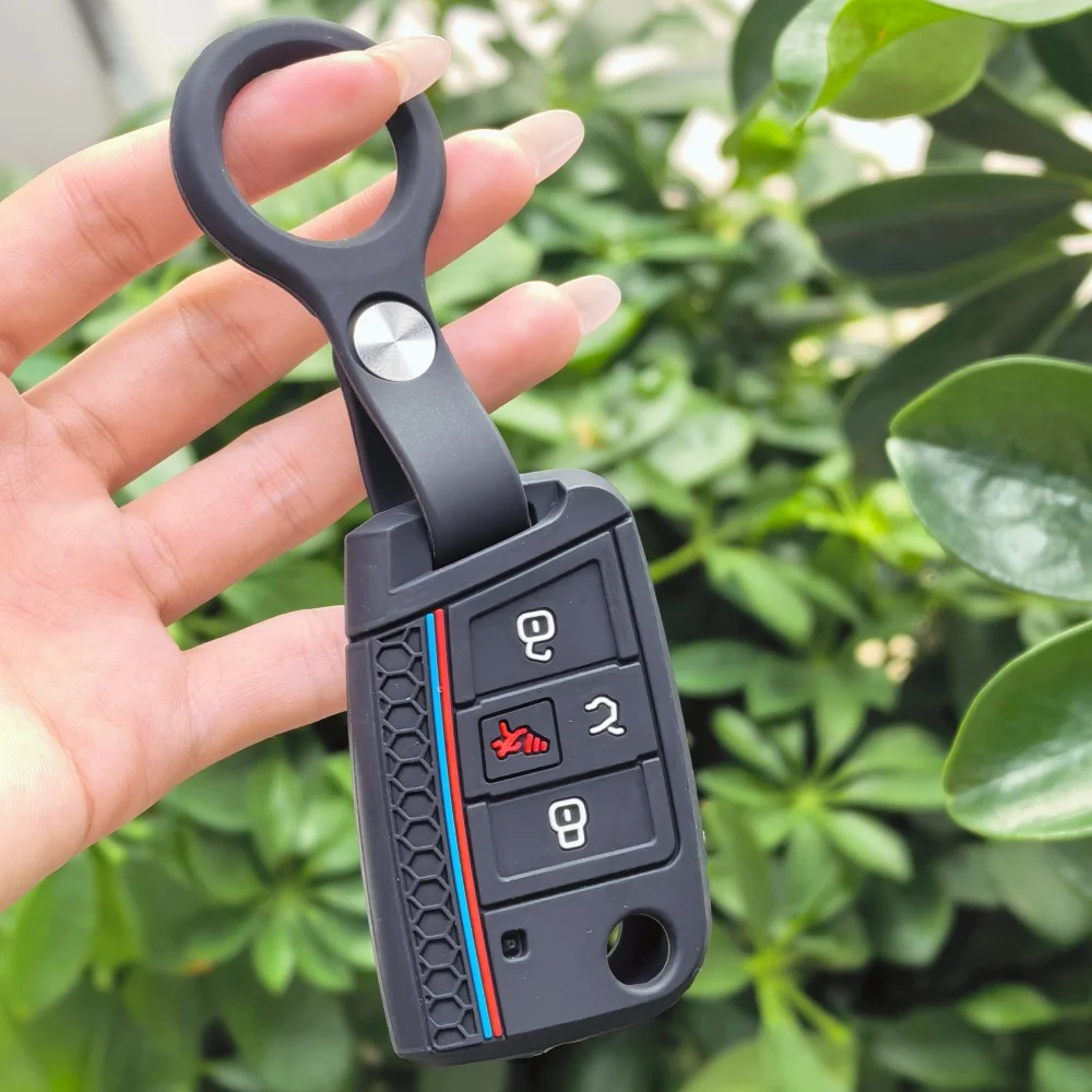 

Silicone Key Fob Cover Fit For Volkswagen VW Atlas Tiguan Golf Alltrack SportWagen R Polo E-Golf Folding Flip 4 Buttons Key Fob
