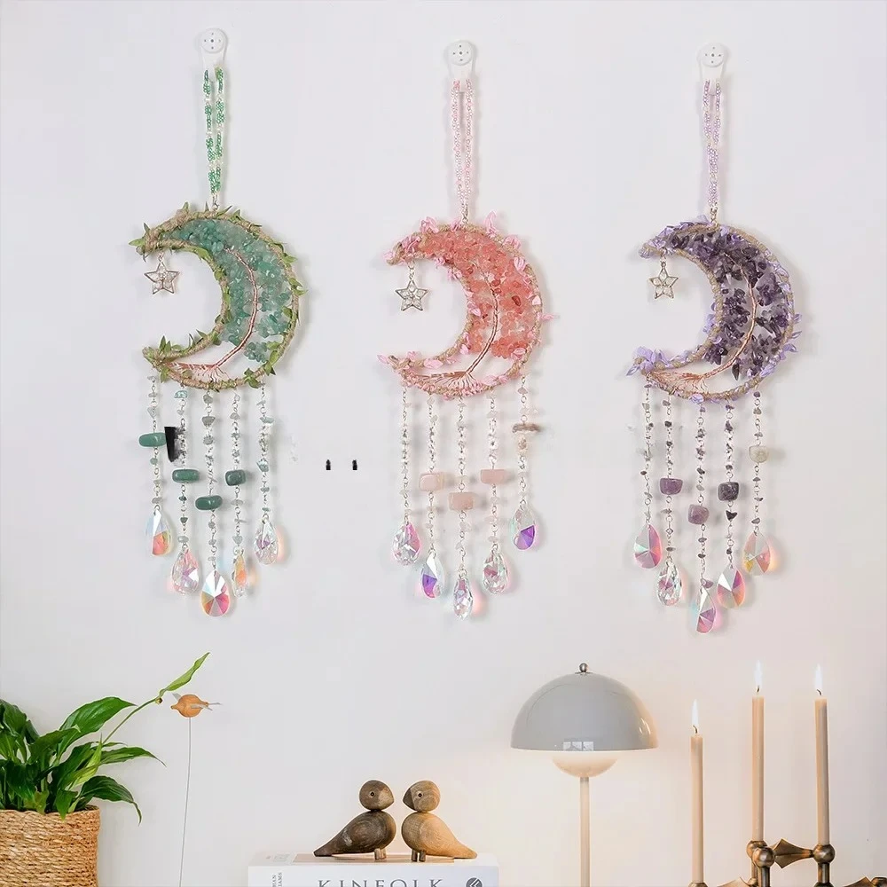 P2  Hand Wound Natural Crystal Crushed Stone Life Tree Moon Sun Catcher Wind Sheet Bell Pendant Decoration