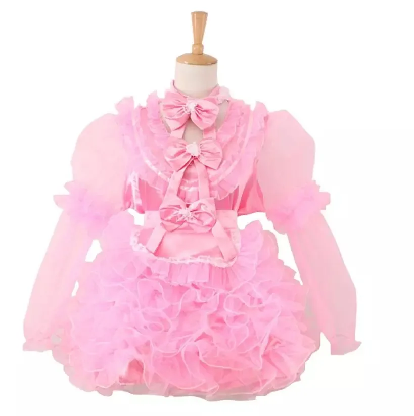 

French sexy maid Sissy girl pink satin lockable fluffy dress cosplay costume Halloween party customized