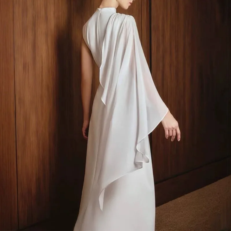 Qmqa moda feminina sentido flowy sheer sem mangas vestido branco xale estilo socialite elegante a linha vestidos de comprimento médio novo qm736