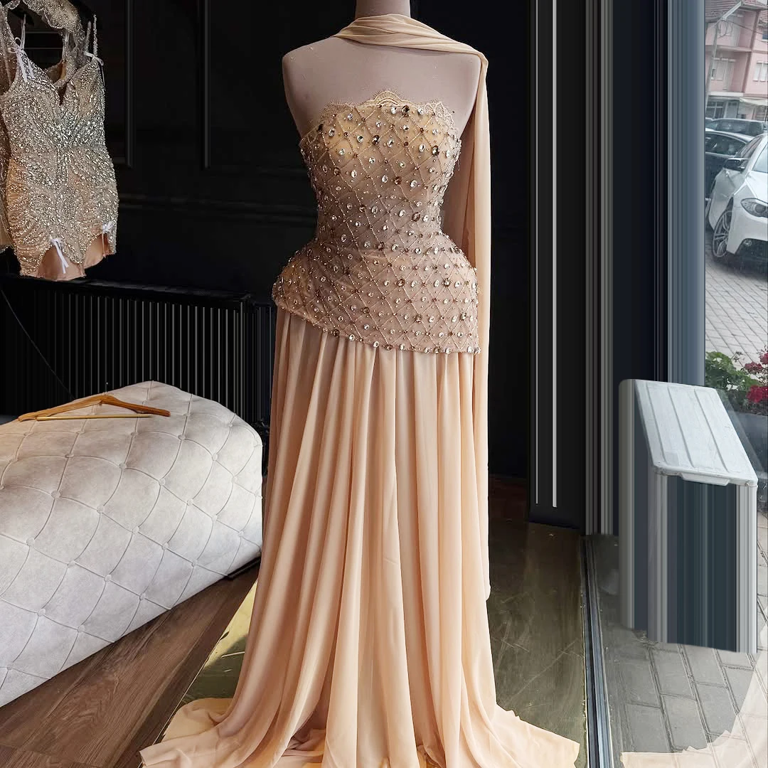 

Fashion Champagne Heavy Beads Evening Dress Crystal Top and A Line Tulle Special Party Wear Vestidos de gala Customized Prom