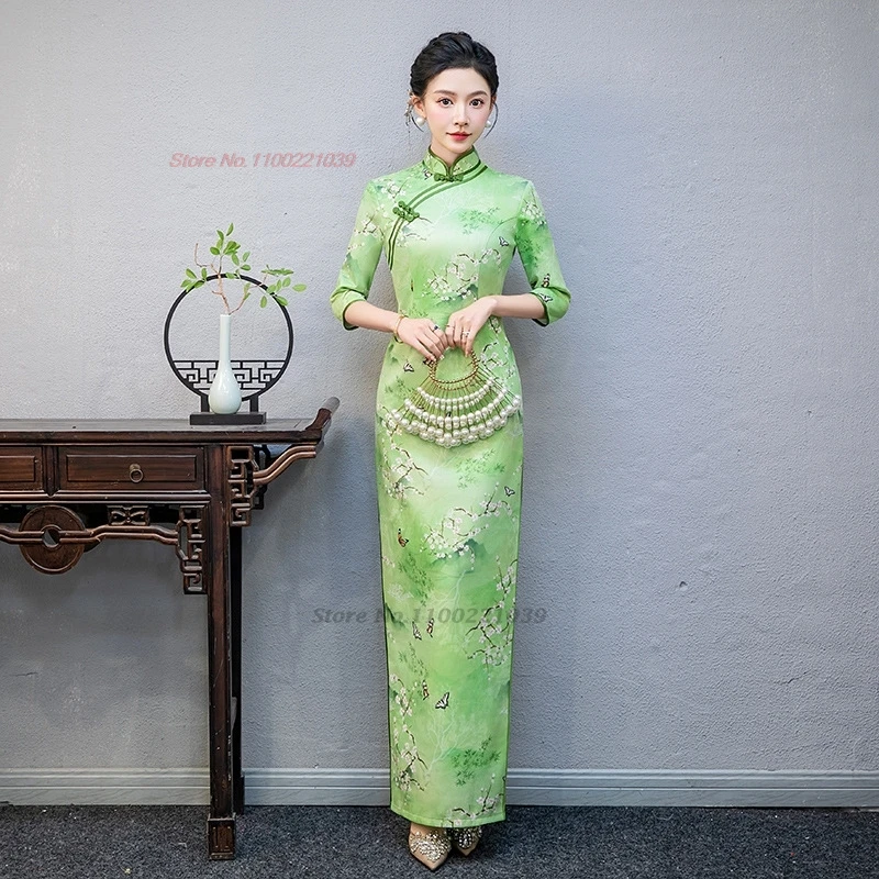 Vestido formal con estampado de flores nacionales, qipao chino mejorado, puesta en escena, cheongsam, banquete oriental, vestido qipao de noche, 2024