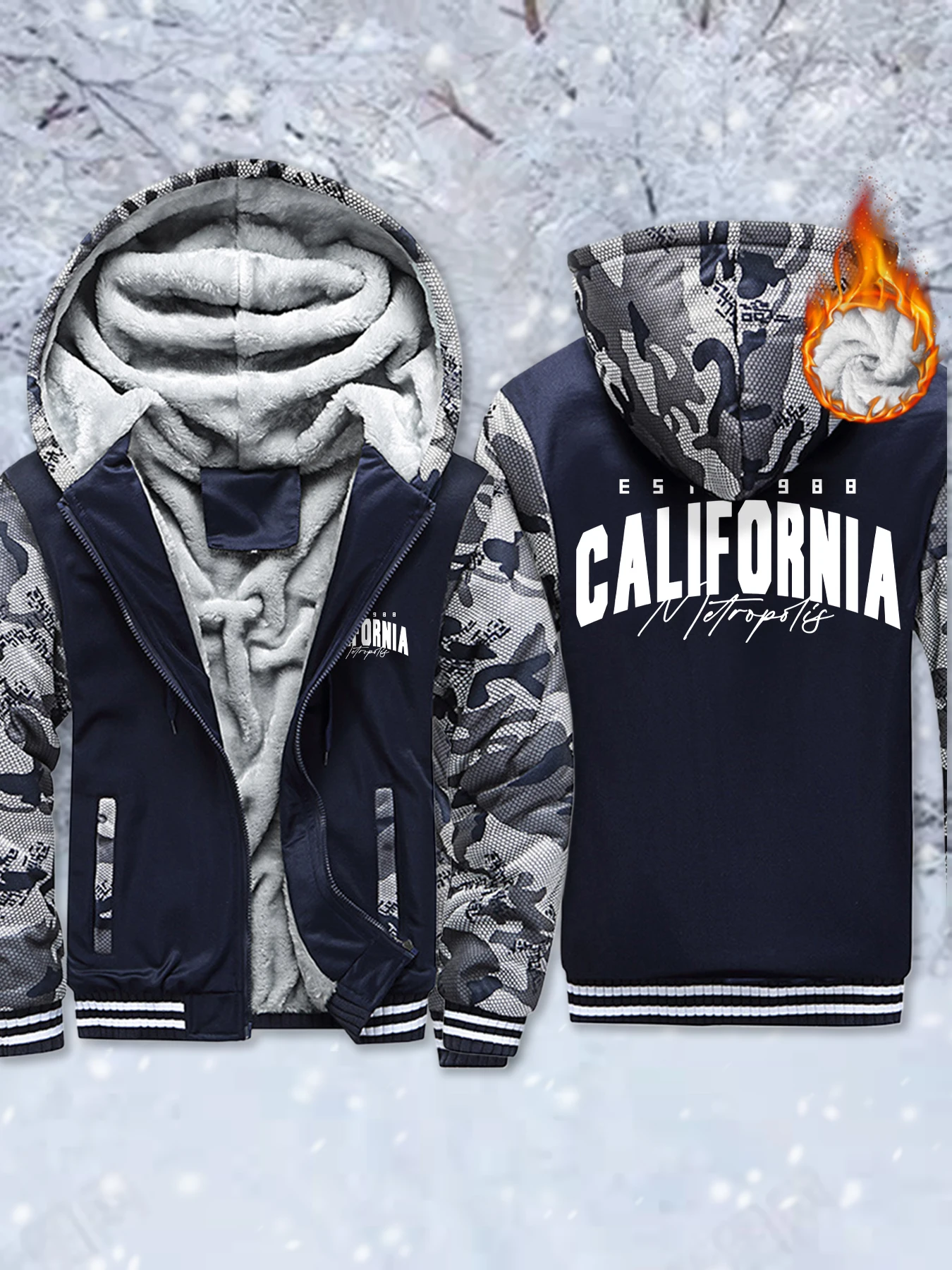 

California Metropolis Est.1988 Print Mans Zipper Jackets Thick Casual Jacket Soft Warm Hoodies Outdoor Winter Hooded Sweatshirt