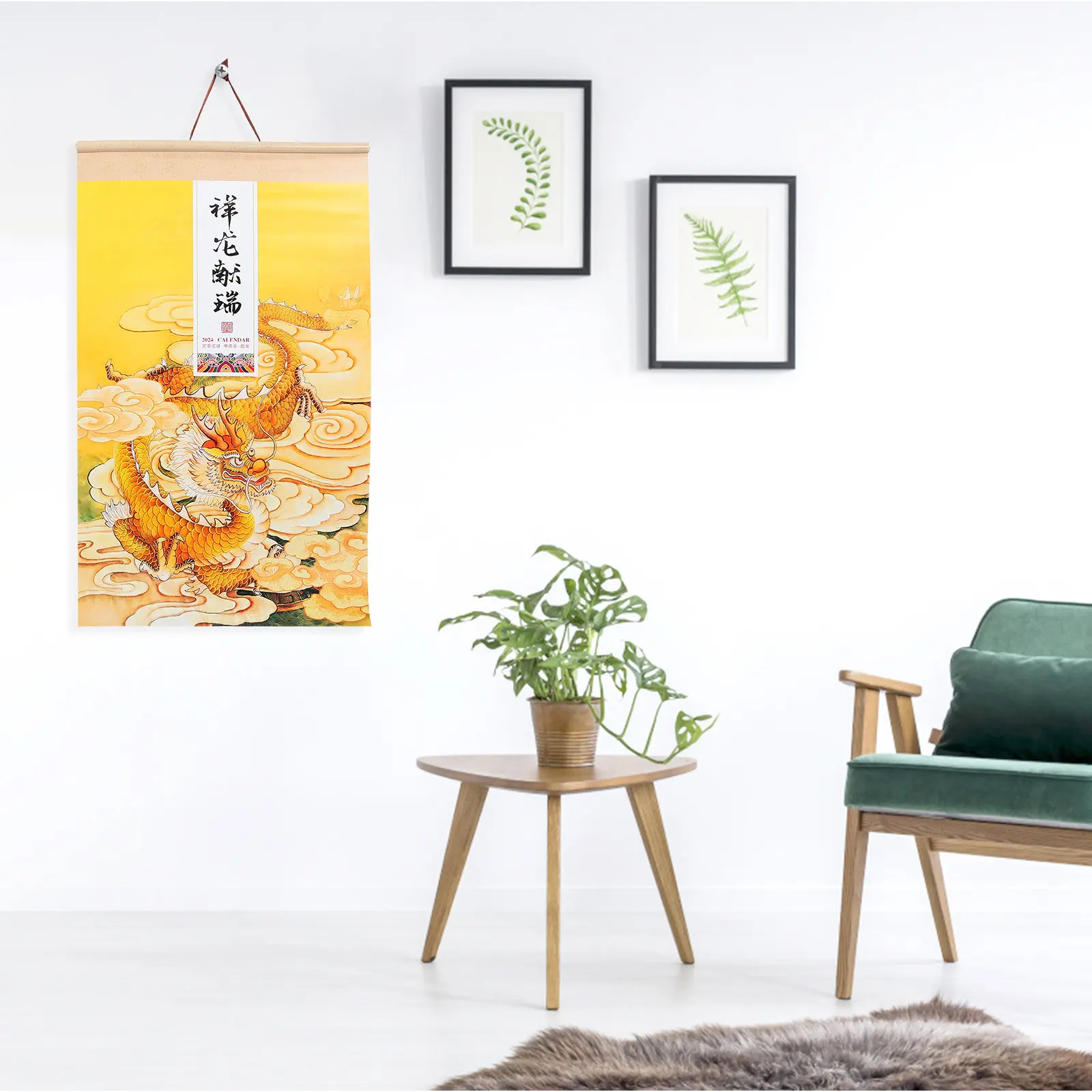 

2024 Chinese Lunar Year Wall Hanging Calendar Traditional Paper Scroll Design Dragon Year Decor for Home Office Living Room