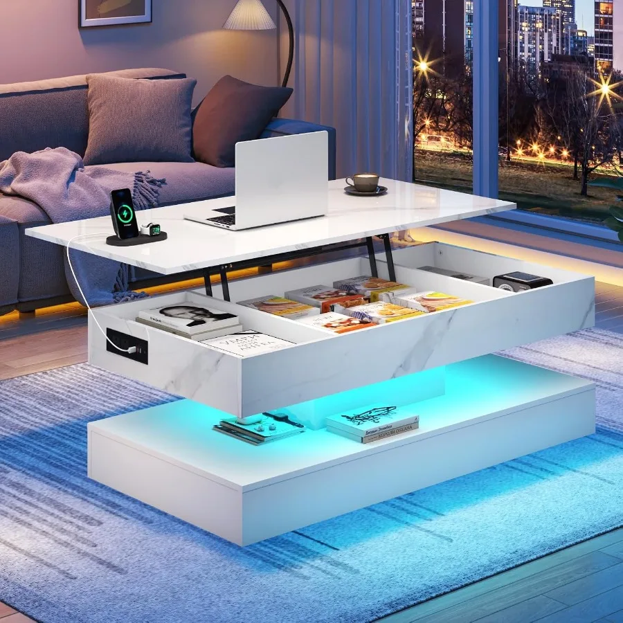 Living room lift top coffee table, high-gloss MDF, white, large storage + built-in charging station + adjustable LED lighting
