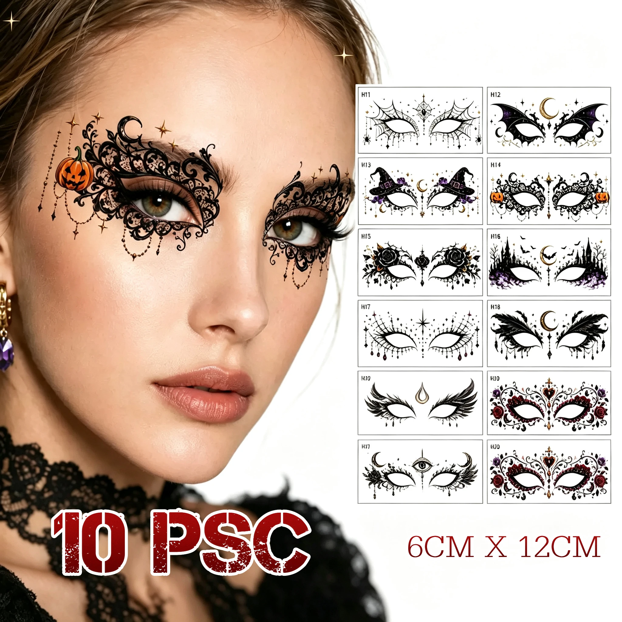 Halloween Eye Tattoo Stickers 10 Styles Black Lace Pumpkin Bat Moon Face Temporary Tattoos Waterproof Eye Makeup Stickers for Wo