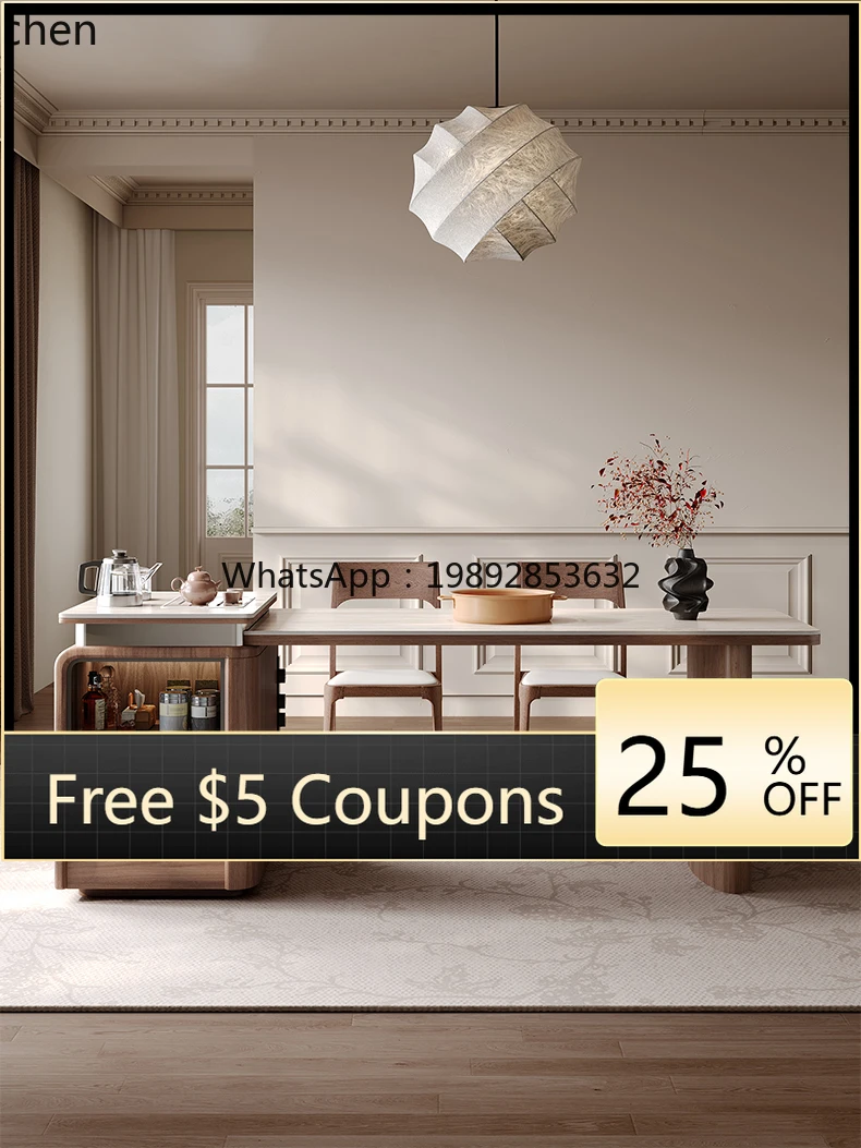 dining table integrated retractable household small apartment retro solid wood rock board dining table and chair combination