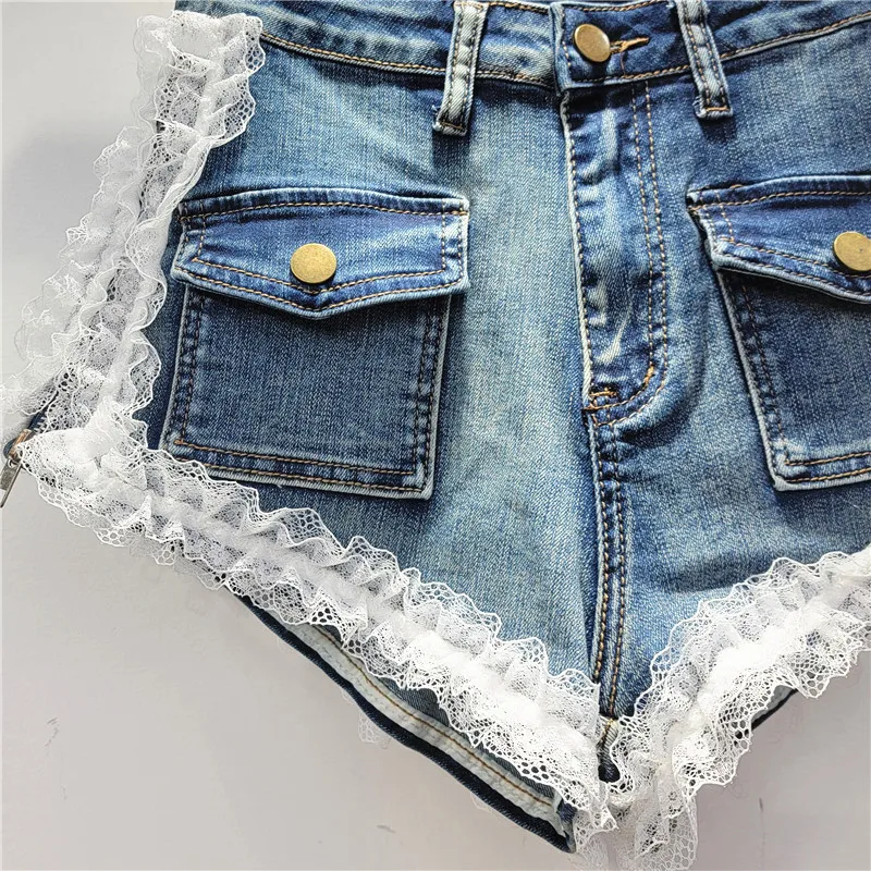 Herbst Neue Vintage-Mode Sexy Mädchen Seite Zipper Spleißen Spitze Mesh Waschen Wasser Alte Denim Shorts Hot Pants Shorts für Frauen