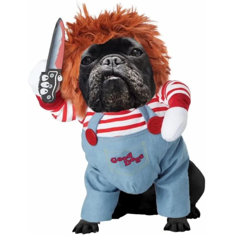 Halloween Dog Cosplay Chucky Costume Pet Dress Up Cats Dogs Clothes for Small Dogs Boy Wig Hat Halloween Cosplay Christmas Party