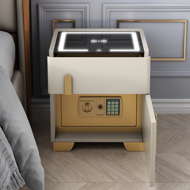 

Modern White USB Wireless Charging Safe Smart Bedside Table Wood Home Furniture Modern Luxury LED Wooden Bedroom Nightstand